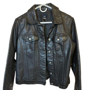Vintage Gap Black Leather Moto Trucker Jean Jacket